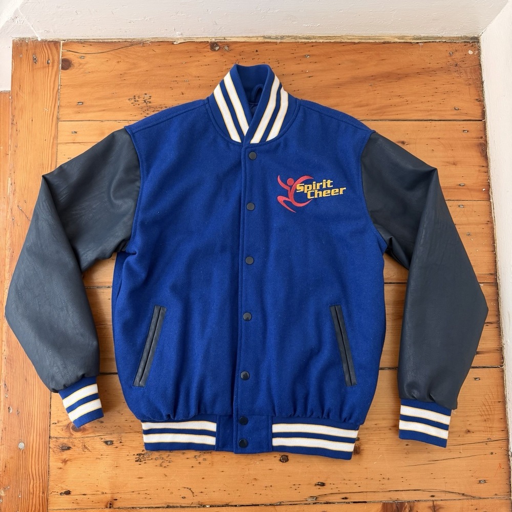 Vintage Varsity Cheer Letterman Jacket Blue Wool‎ Faux Leather Sleeves Retro